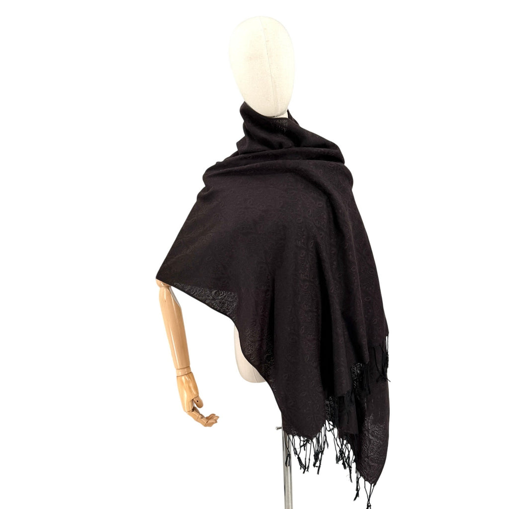Vintage Y2K Brown Black Pashmina Silk Patterned Fringe Scarf