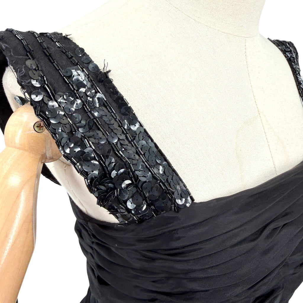 Vintage 80s Tadashi Black Ruched Sequin Strap Glam Cocktail Party Dress