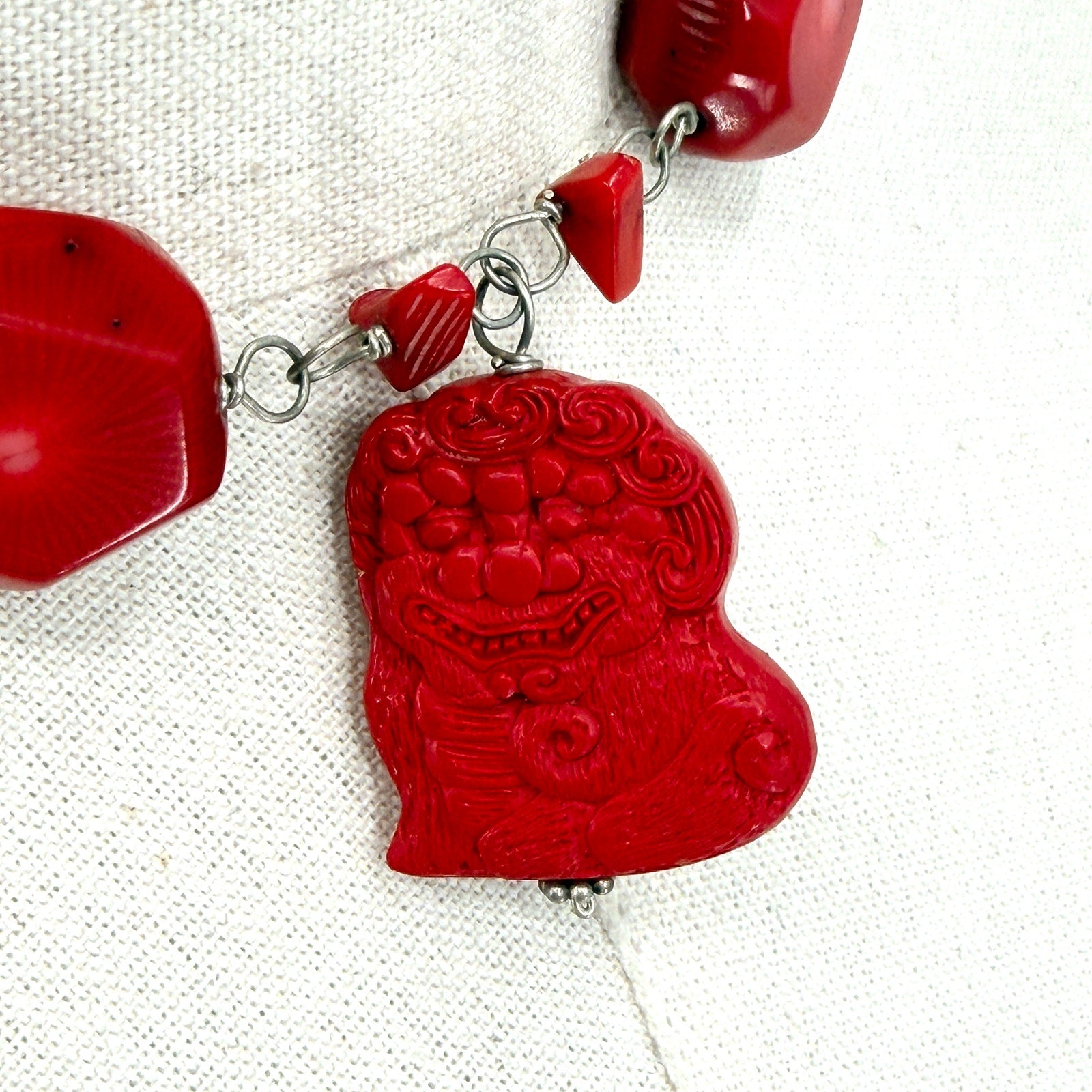 Vintage Red Coral Chunk Carved Cinnabar Foo Dog Pendant Statement Necklace
