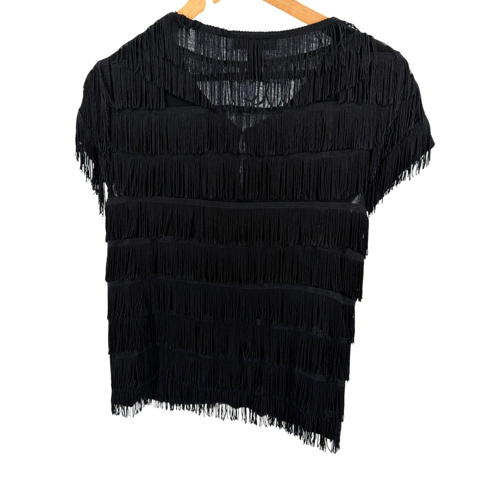 Vintage Y2K INC Black Flapper Tiered Fringe Hook Front Cardigan Top