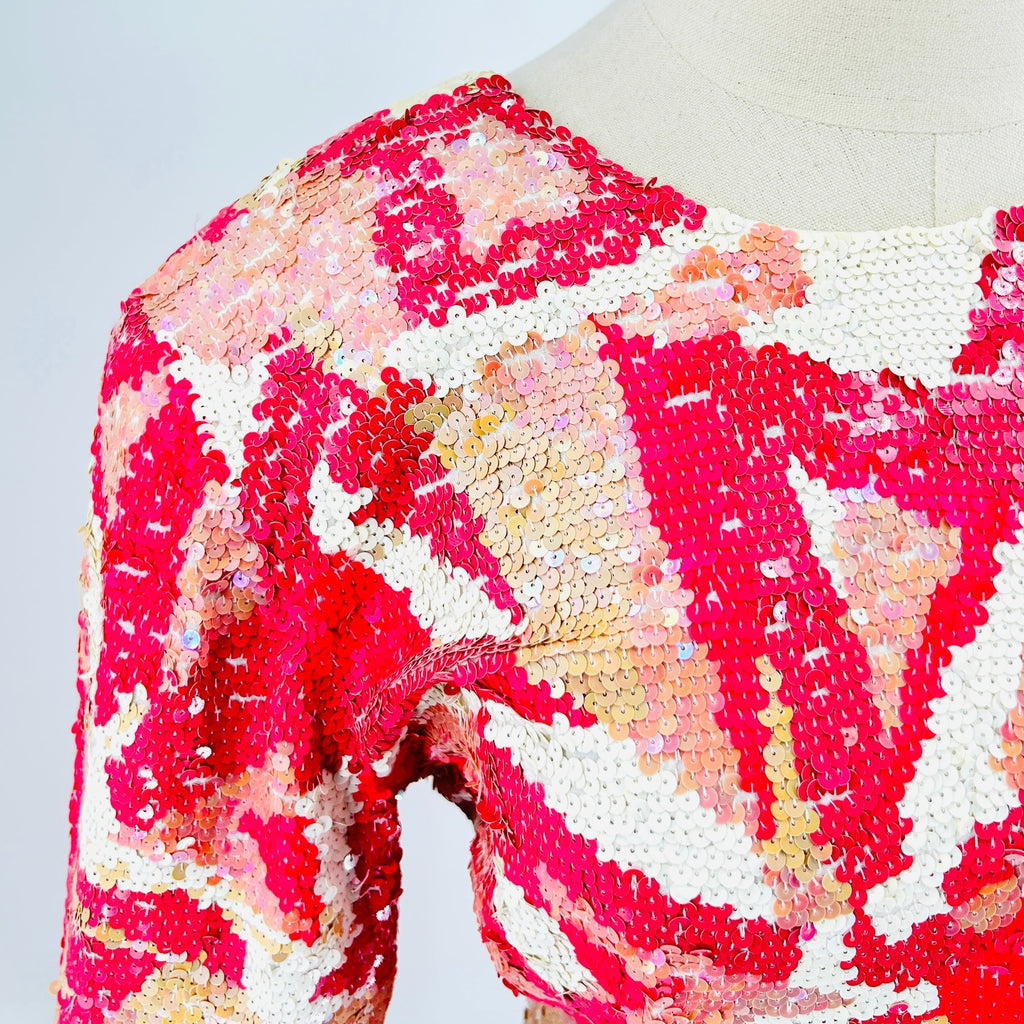 Vintage 80s Lillie Rubin Pink White Geometric Sequin V-Back Mini Dress