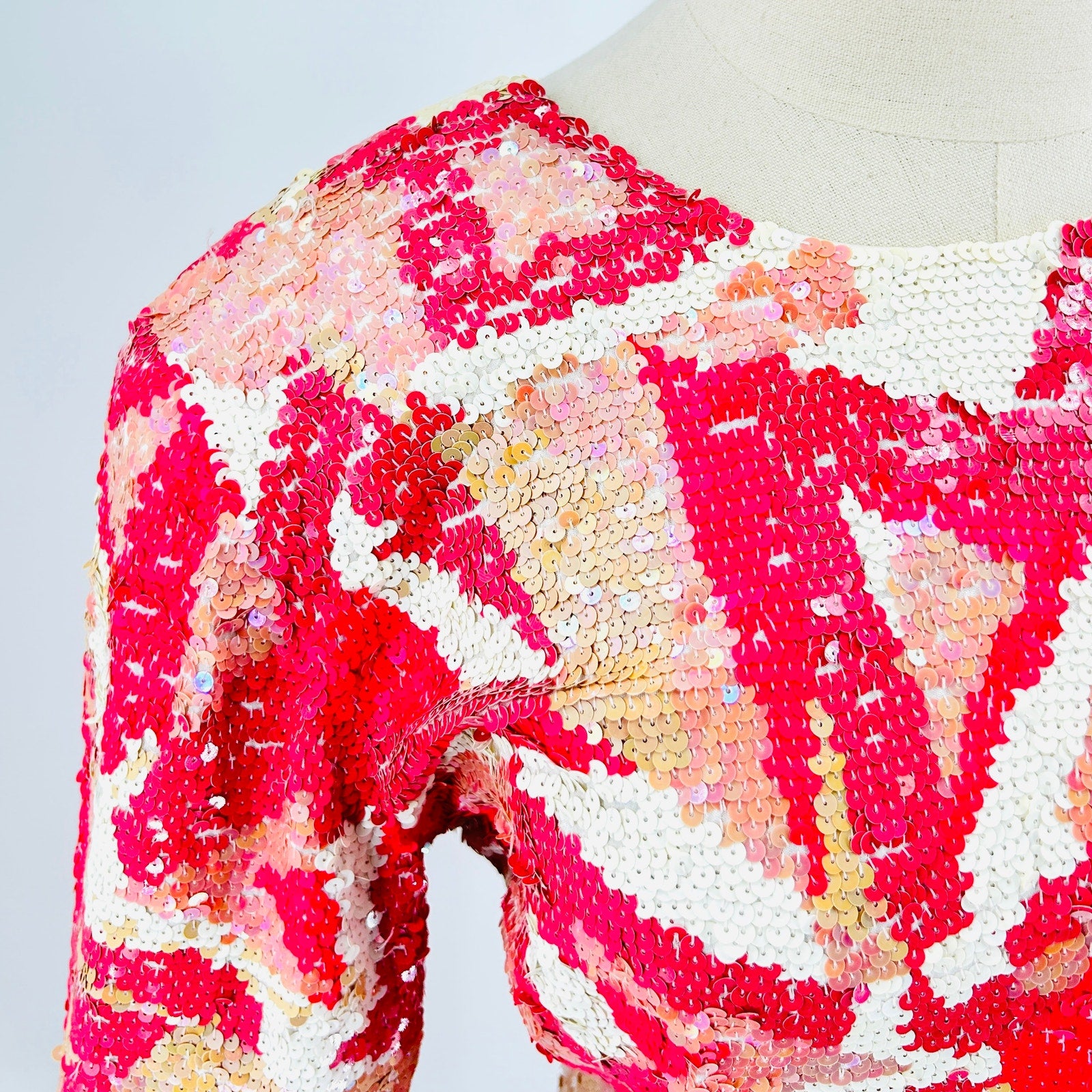 Vintage 80s Lillie Rubin Pink White Geometric Sequin V-Back Mini Dress