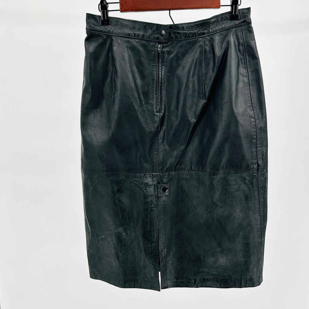Vintage 80s Black Genuine Brazilian Leather High Waist Pencil Skirt