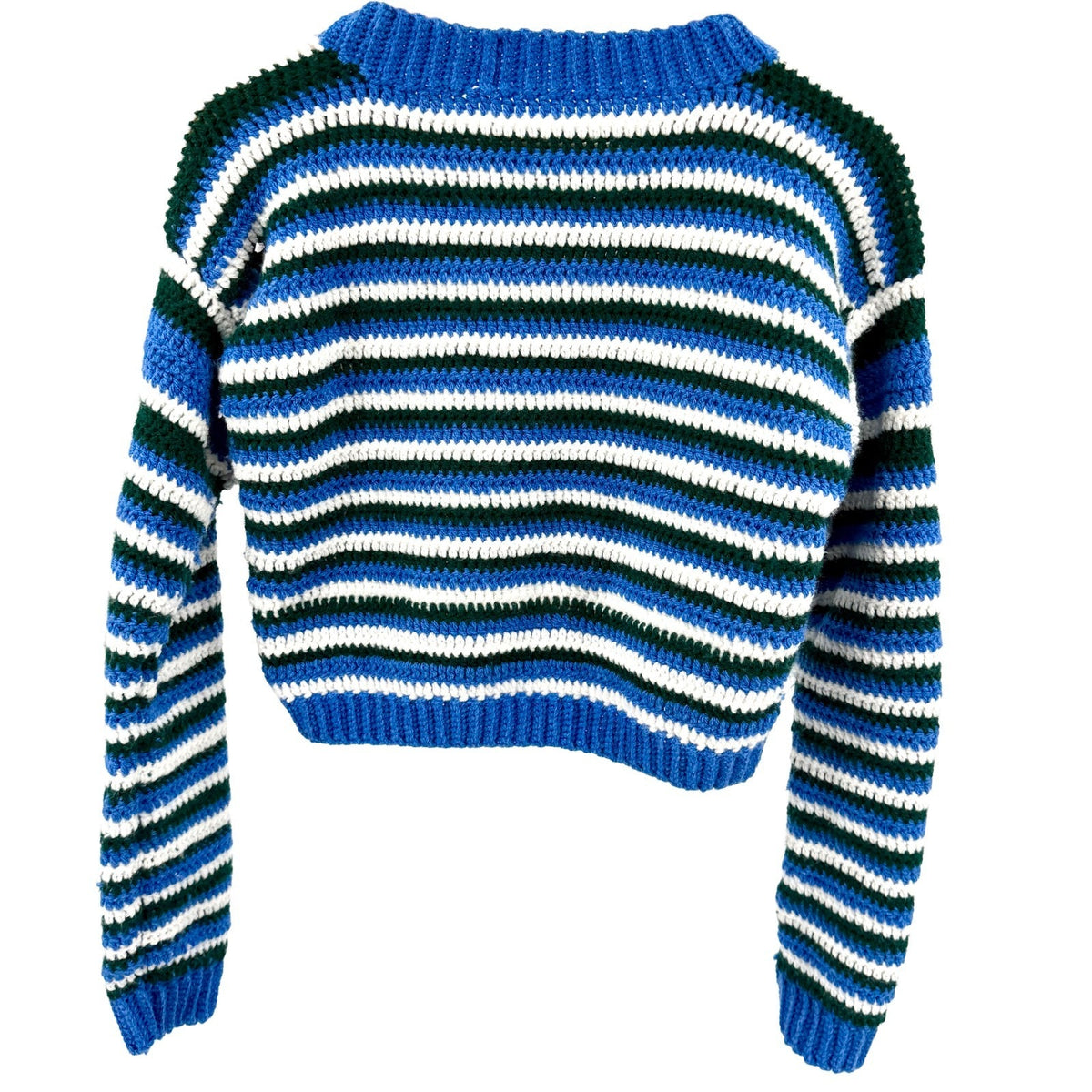 Vintage 90s Hand Knit Heavy Blue Green Striped Crochet Knit Crop Sweater