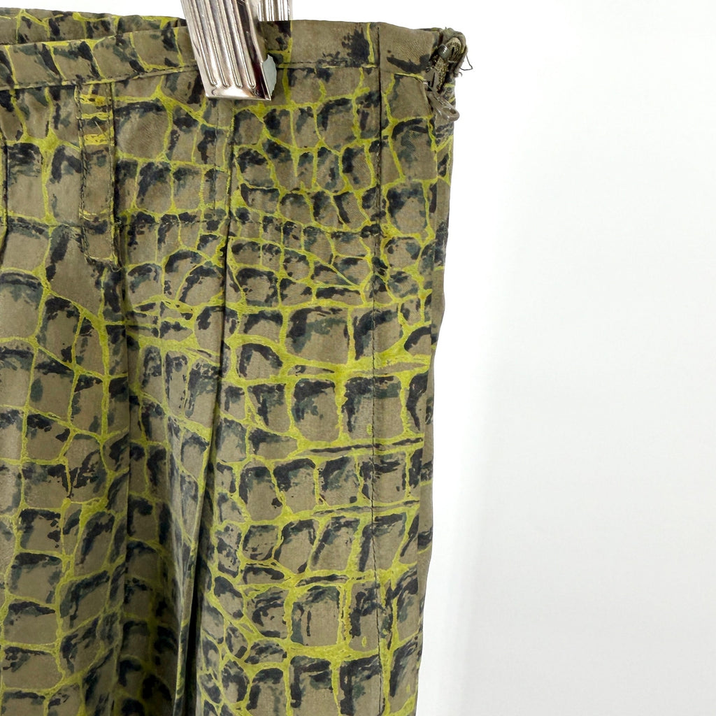 Vintage 90s Diane Gilman Green 100% Silk Alligator Croc Print Taper Leg Pants