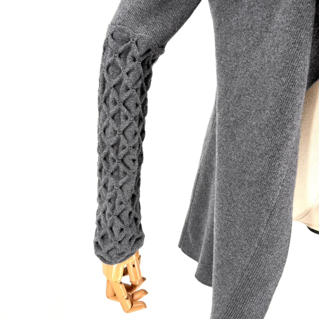 Aqua Gray Cashmere Wool Lattice Detail Shawl Collar Open Cardigan