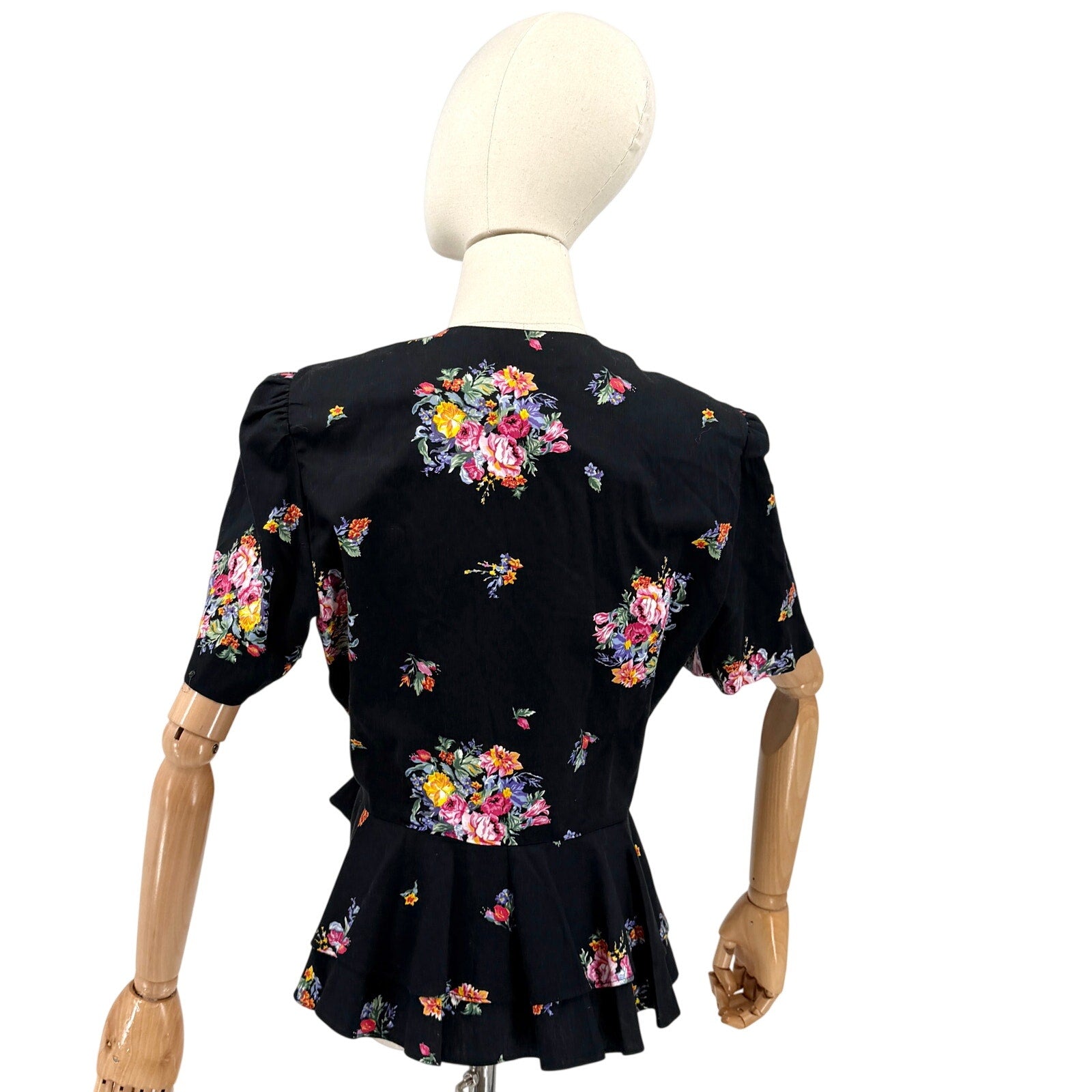 Vintage 80s Lady Carol Black 100% Cotton Floral Peplum Puff Sleeve Jacket