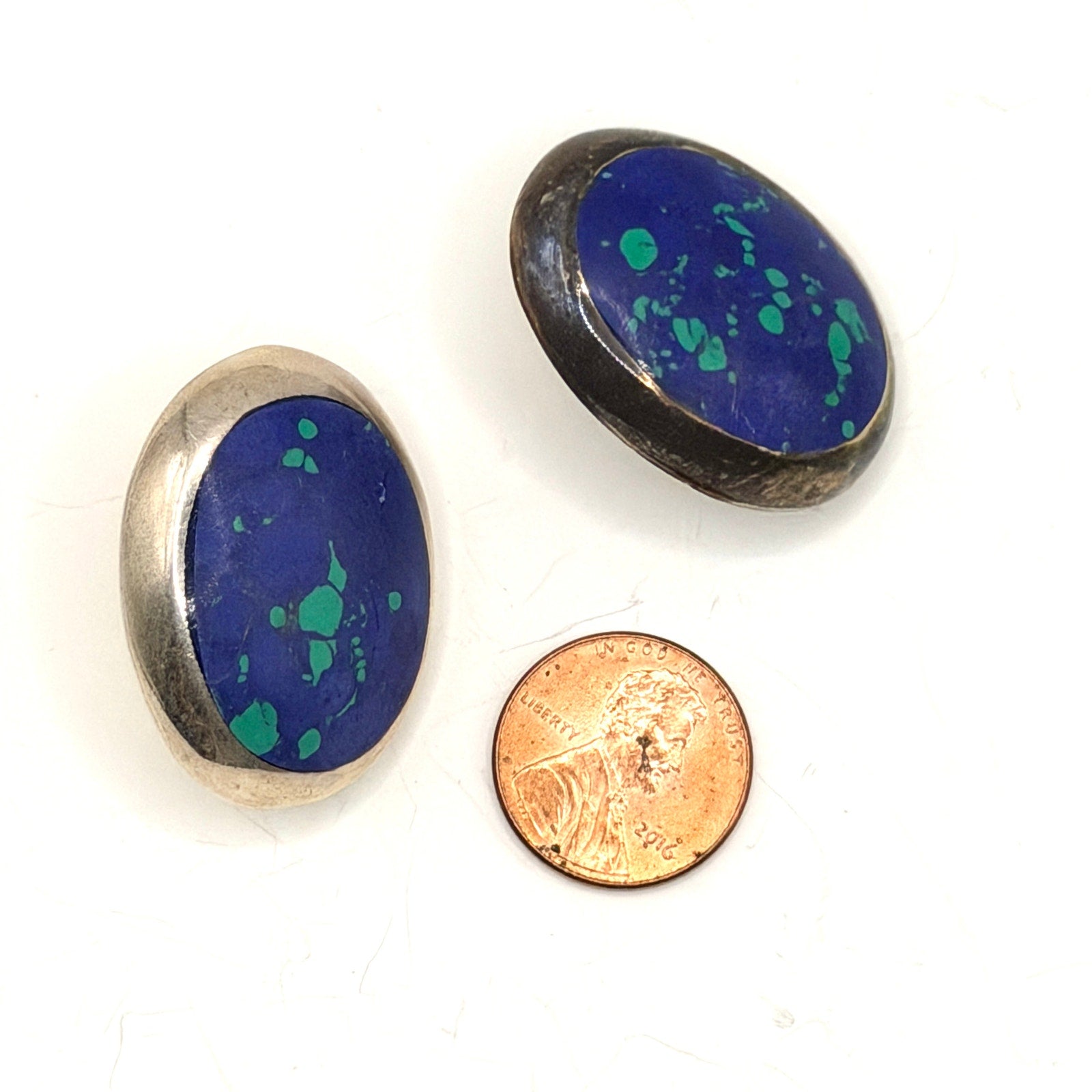 Vintage 90s Stamped Sterling Silver Mexico TF-04 Azurite Malachite Oval Earrings