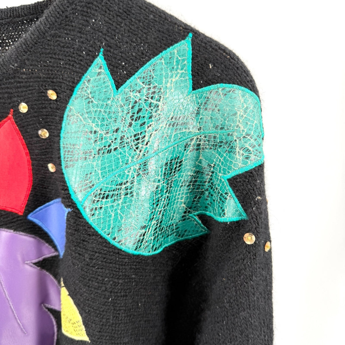 Vintage 80s Cristina Black Floral Faux Leather Applique Beaded Sweater