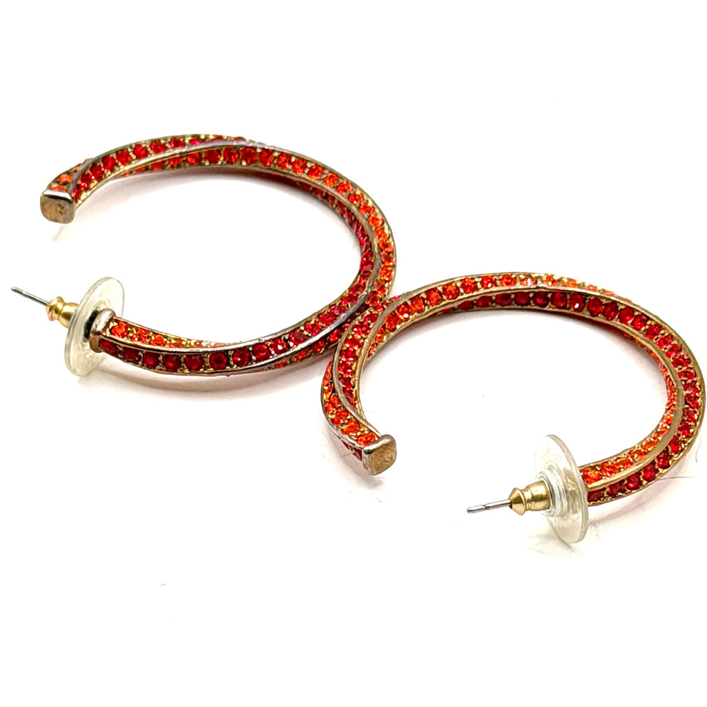 Vintage Y2K Tangerine Red Rhinestone Pave Twisted Hoop Earrings