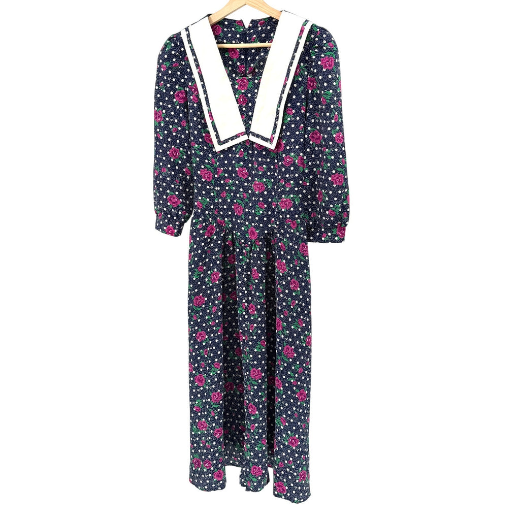 Vintage 80s Blue Floral Polka Dot Sweetheart Dropped Waist Sailboat Collar Dress