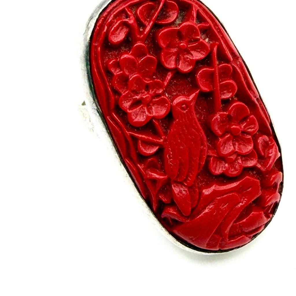 Vintage 90s Carved Cinnabar Sterling Silver Bird & Floral Statement Ring