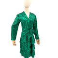 Vintage 80s Emerald Green Polyester Jacquard Drop Waist Wrap Tiered Ruffle Dress