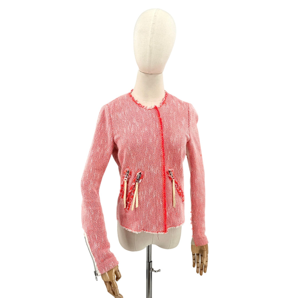Rebecca Taylor Neon Red White Tweed Neon Fringe Moto Zipper Jacket