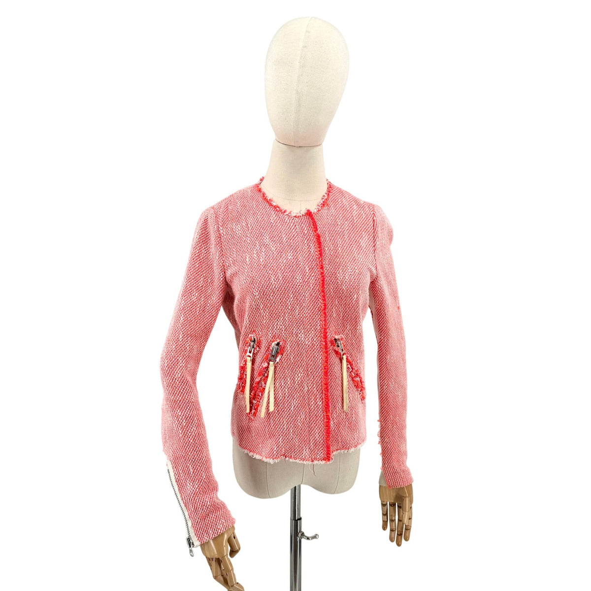 Rebecca Taylor Neon Red White Tweed Neon Fringe Moto Zipper Jacket