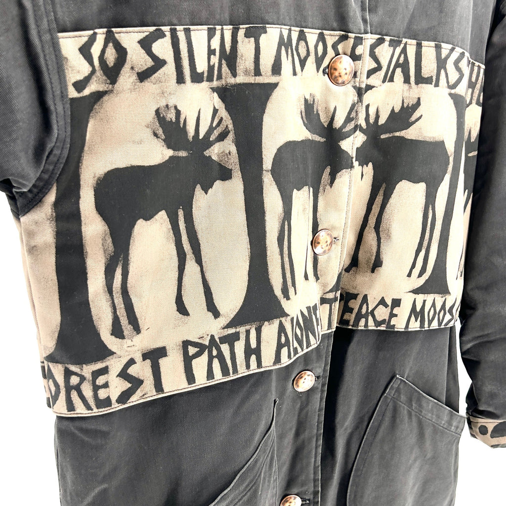 Vintage 90s Babes in the Woods Black Moose Print Duffle Coat