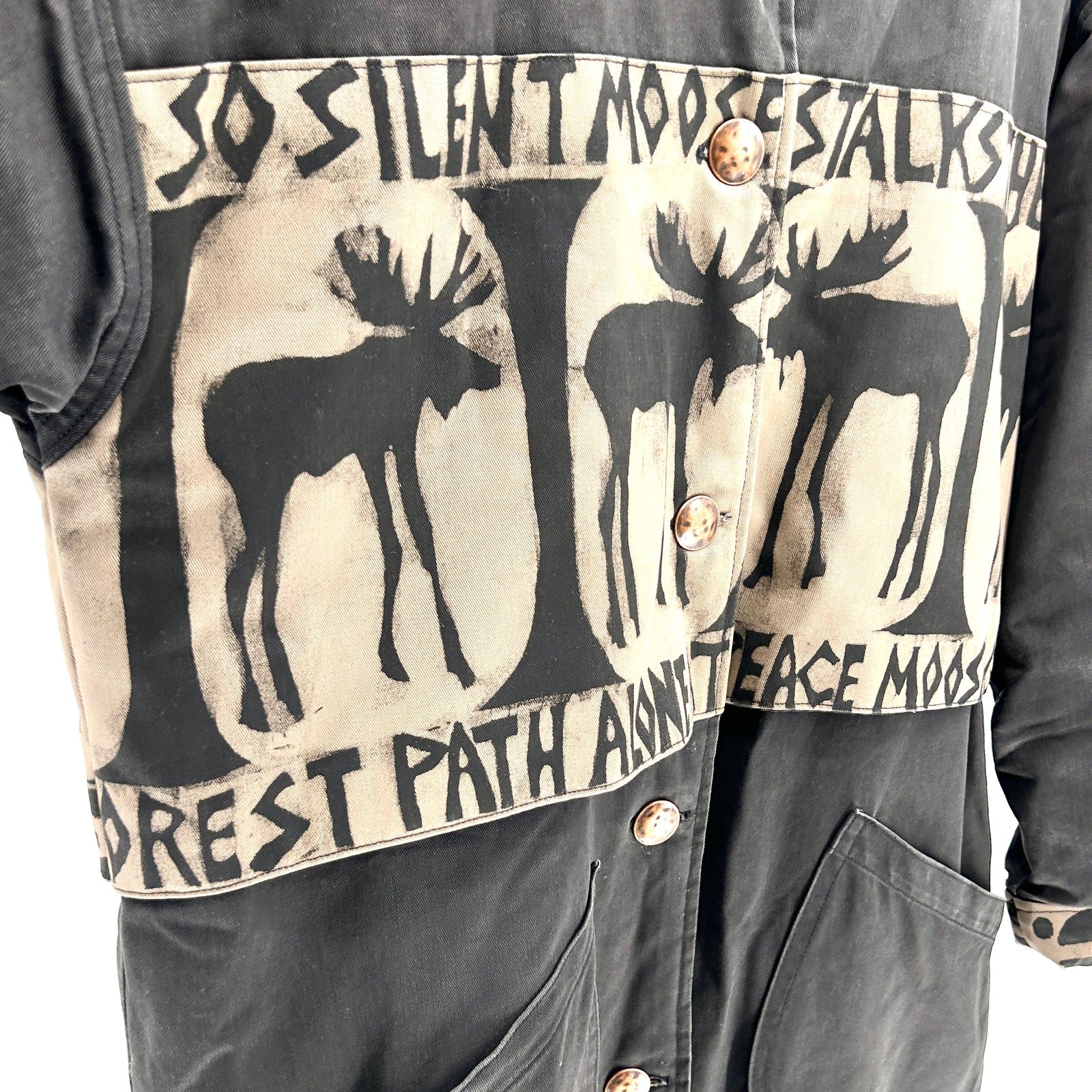 Vintage 90s Babes in the Woods Black Moose Print Duffle Coat
