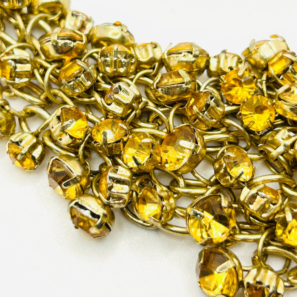 Y2k Yellow Gold Rhinestone Crystal Chain Link Bib Glam Bling Costume Necklace