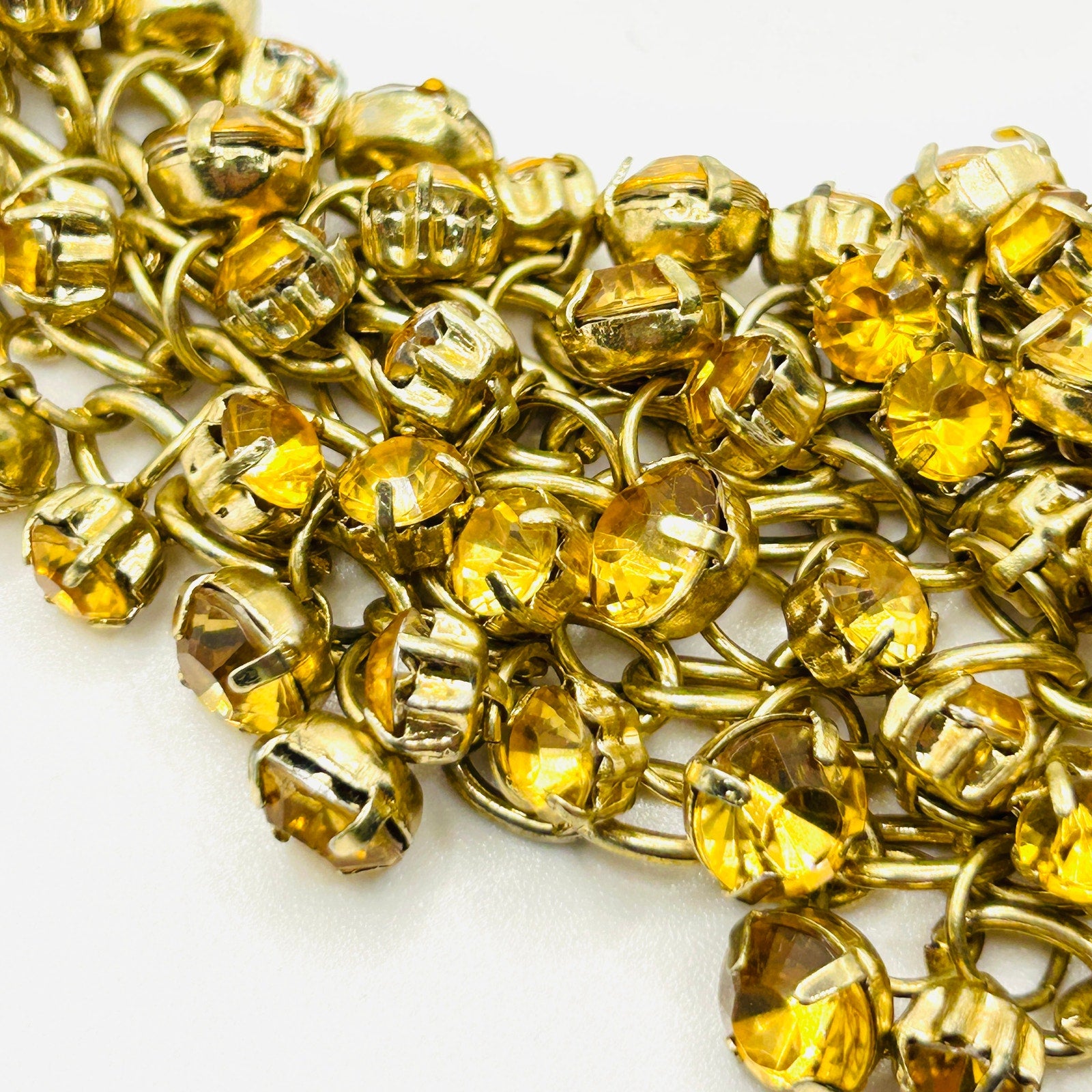 Y2k Yellow Gold Rhinestone Crystal Chain Link Bib Glam Bling Costume Necklace