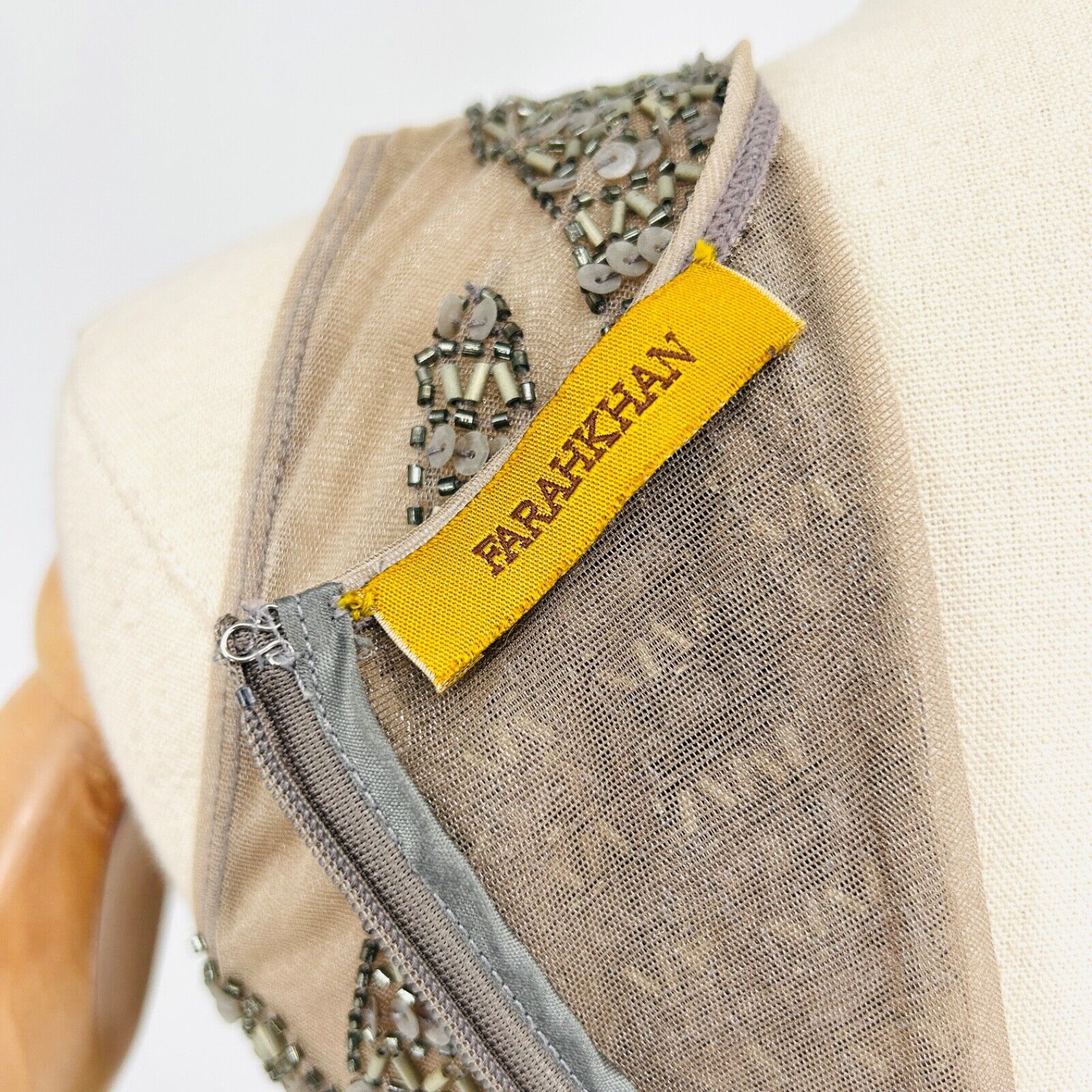 Vintage Y2K Farah Khan Beige Silver Beaded Sequin Bodycon Cocktail Dress