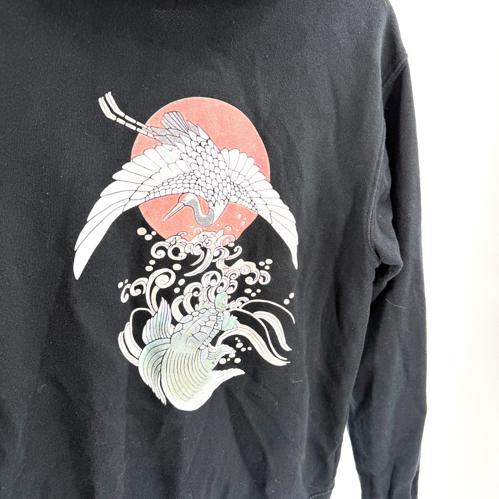 Little Romance Black Japanese Streetwear 100% Cotton Koi Fish Crane Zip Hoodie