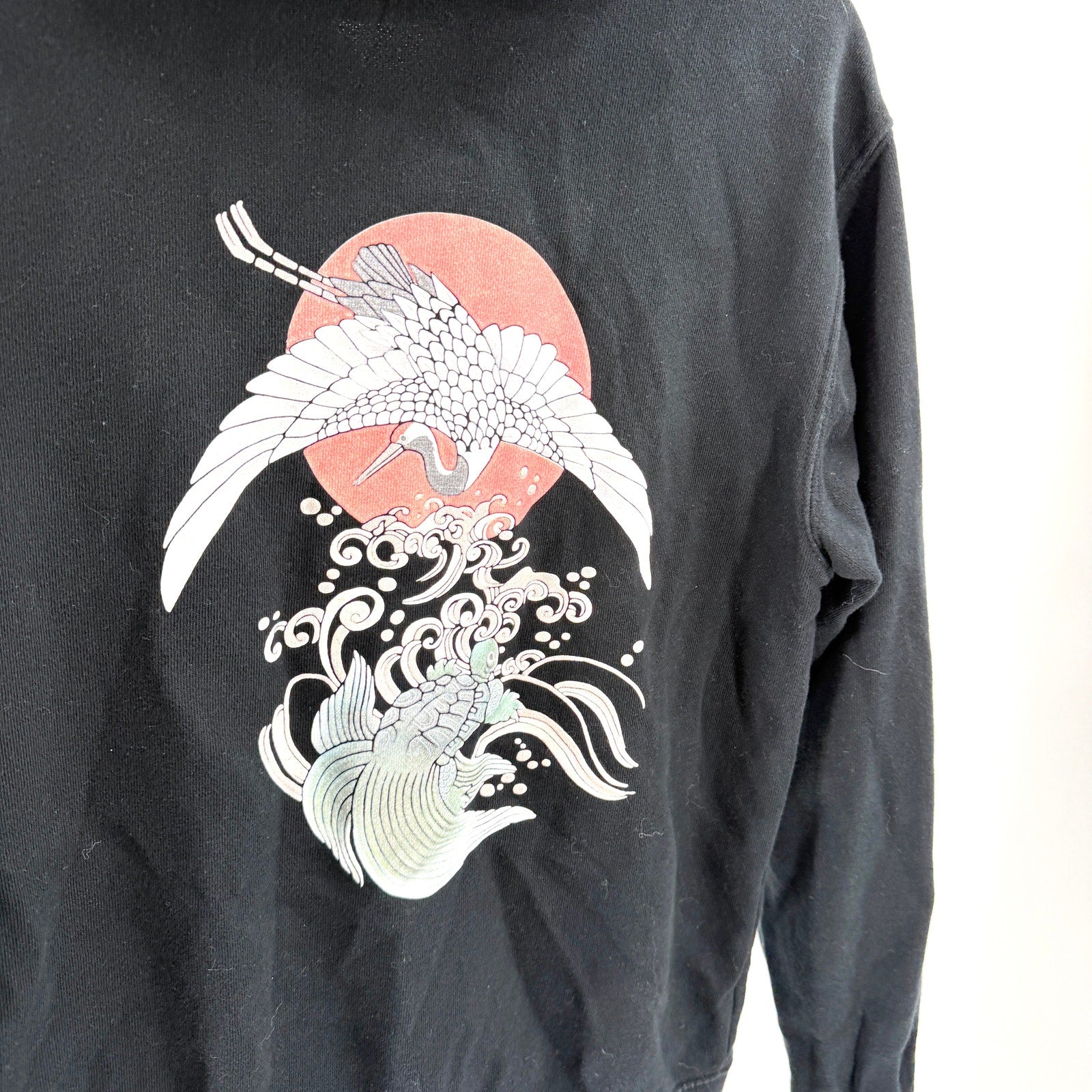 Little Romance Black Japanese Streetwear 100% Cotton Koi Fish Crane Zip Hoodie