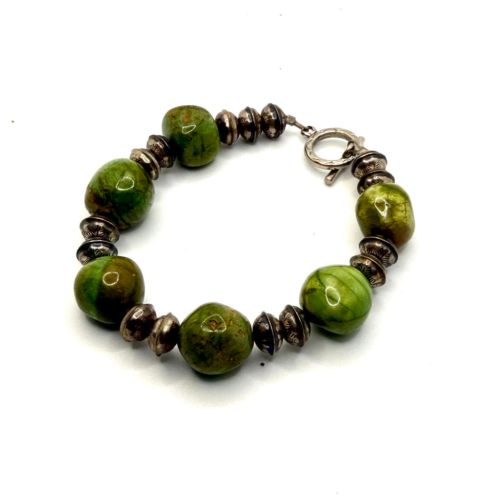 Vintage 90s Southwestern Green Gaspeite Stamped Silver Chunky Toggle Bracelet