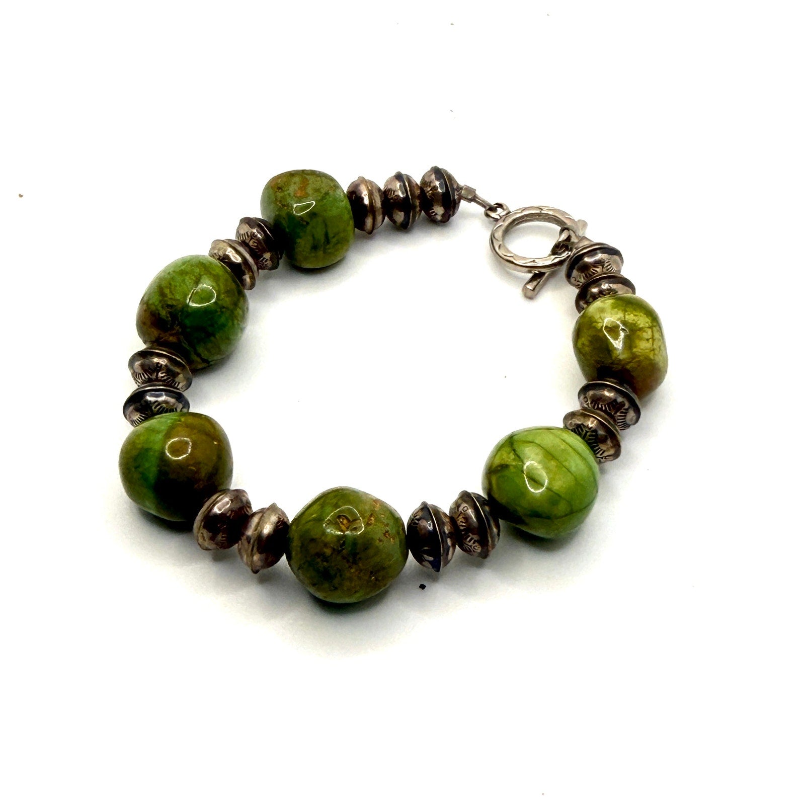 Vintage 90s Southwestern Green Gaspeite Stamped Silver Chunky Toggle Bracelet