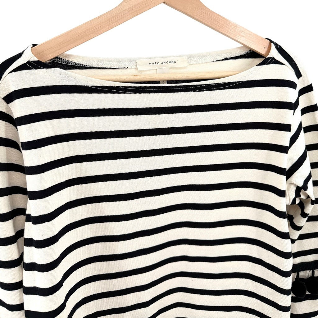 Marc Jacobs Black Ivory Cotton Striped Pom-Pom Bell Sleeve Top