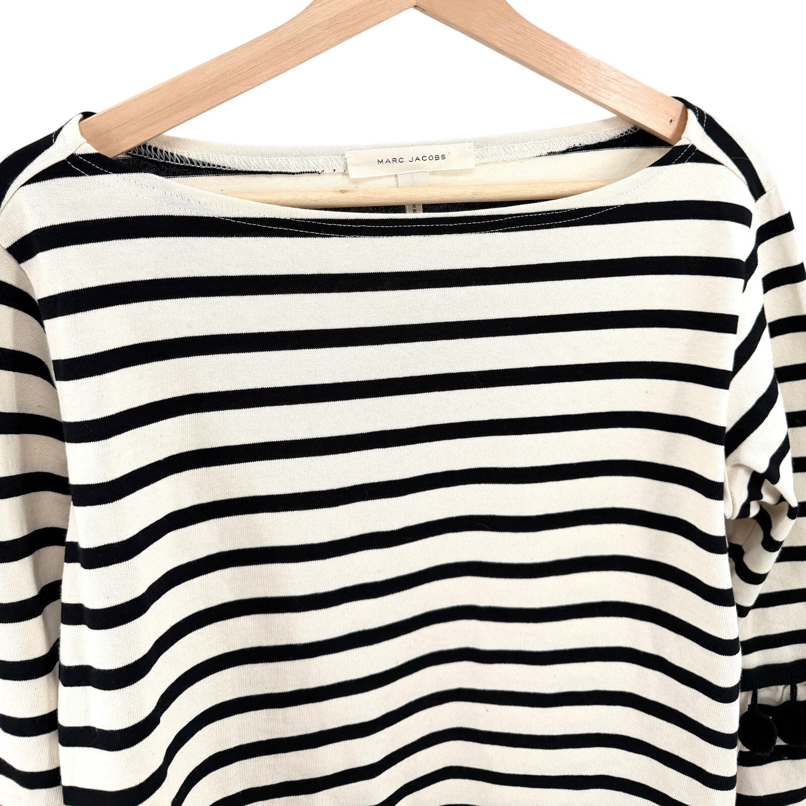 Marc Jacobs Black Ivory Cotton Striped Pom-Pom Bell Sleeve Top