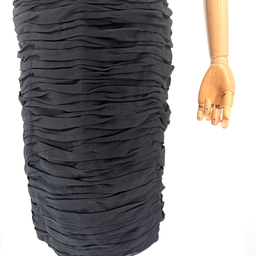 Vintage 90s Rickie Freeman Teri Jon Black 100% Silk Ruched Strapless Midi Dress