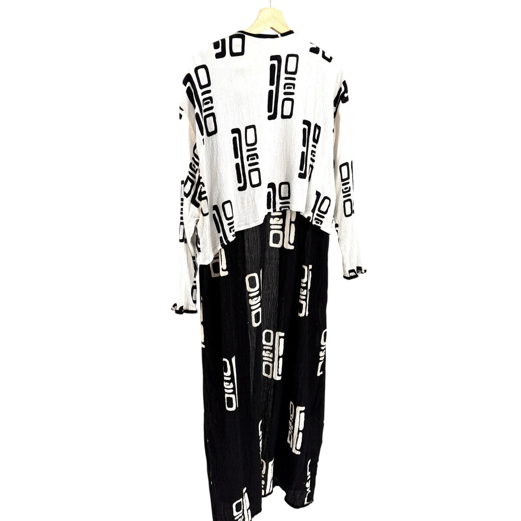 Vintage 90s Kembali Collection Black White Abstract Print Cotton Crinkle Duster