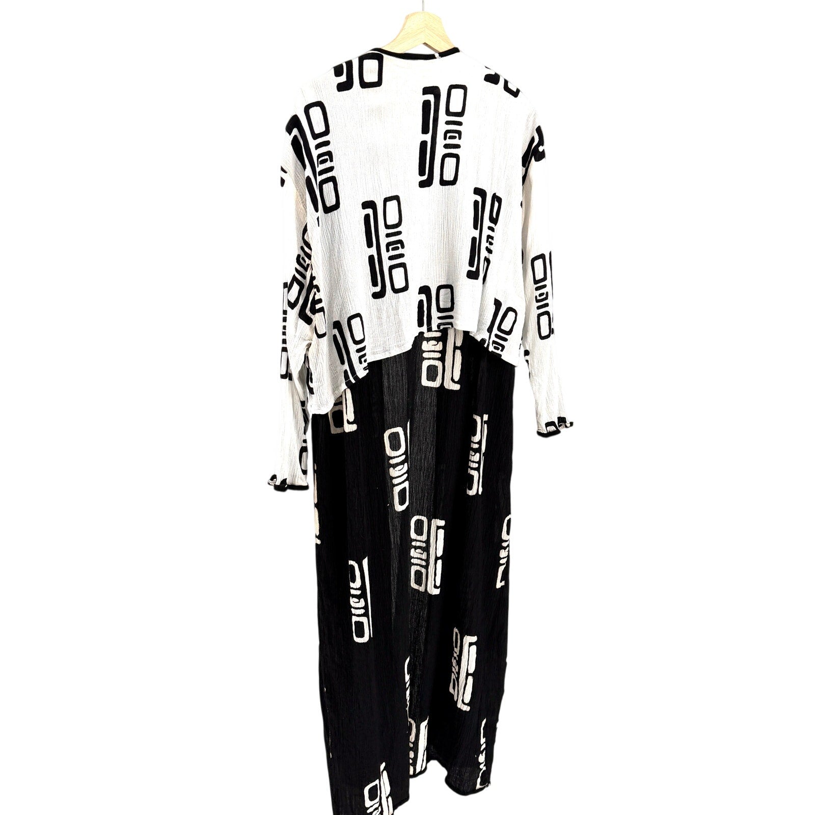 Vintage 90s Kembali Collection Black White Abstract Print Cotton Crinkle Duster