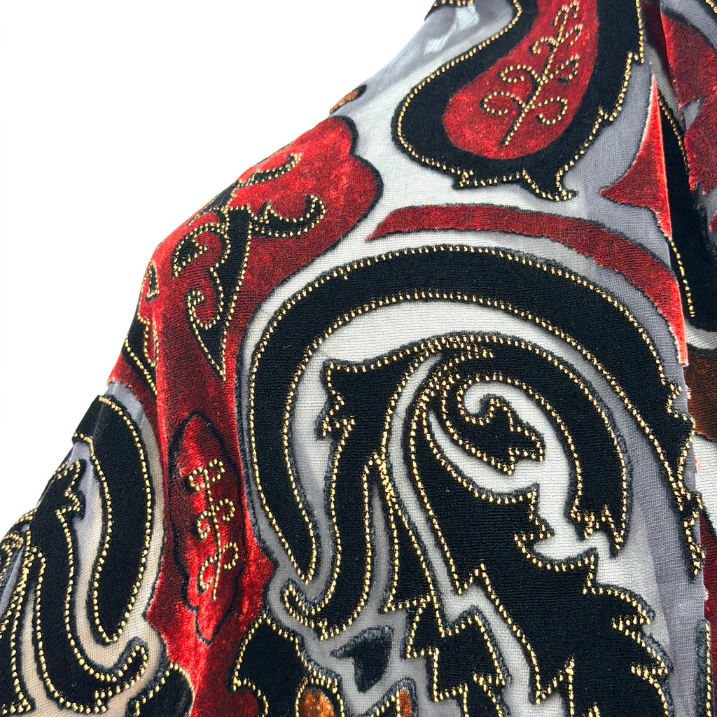Vintage 90s Felicianni Black Red Gold Paisley Burnout Velvet Fringed Wrap Scarf