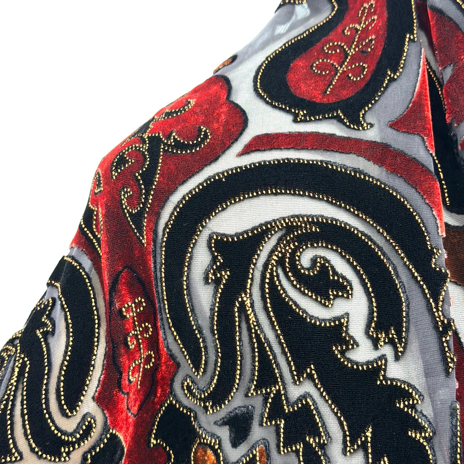 Vintage 90s Felicianni Black Red Gold Paisley Burnout Velvet Fringed Wrap Scarf