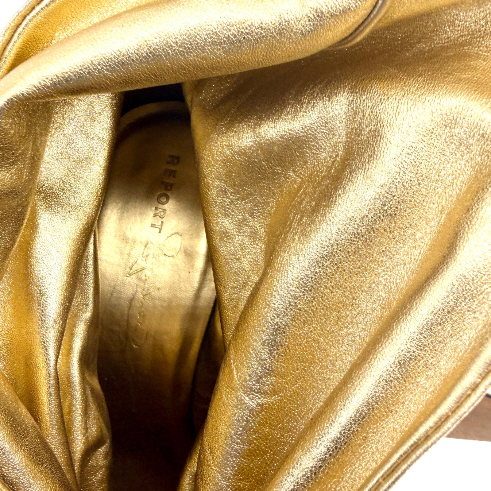 Report Signature Gold Genuine Leather Slouchy Pointed Toe Glam Heel Booties