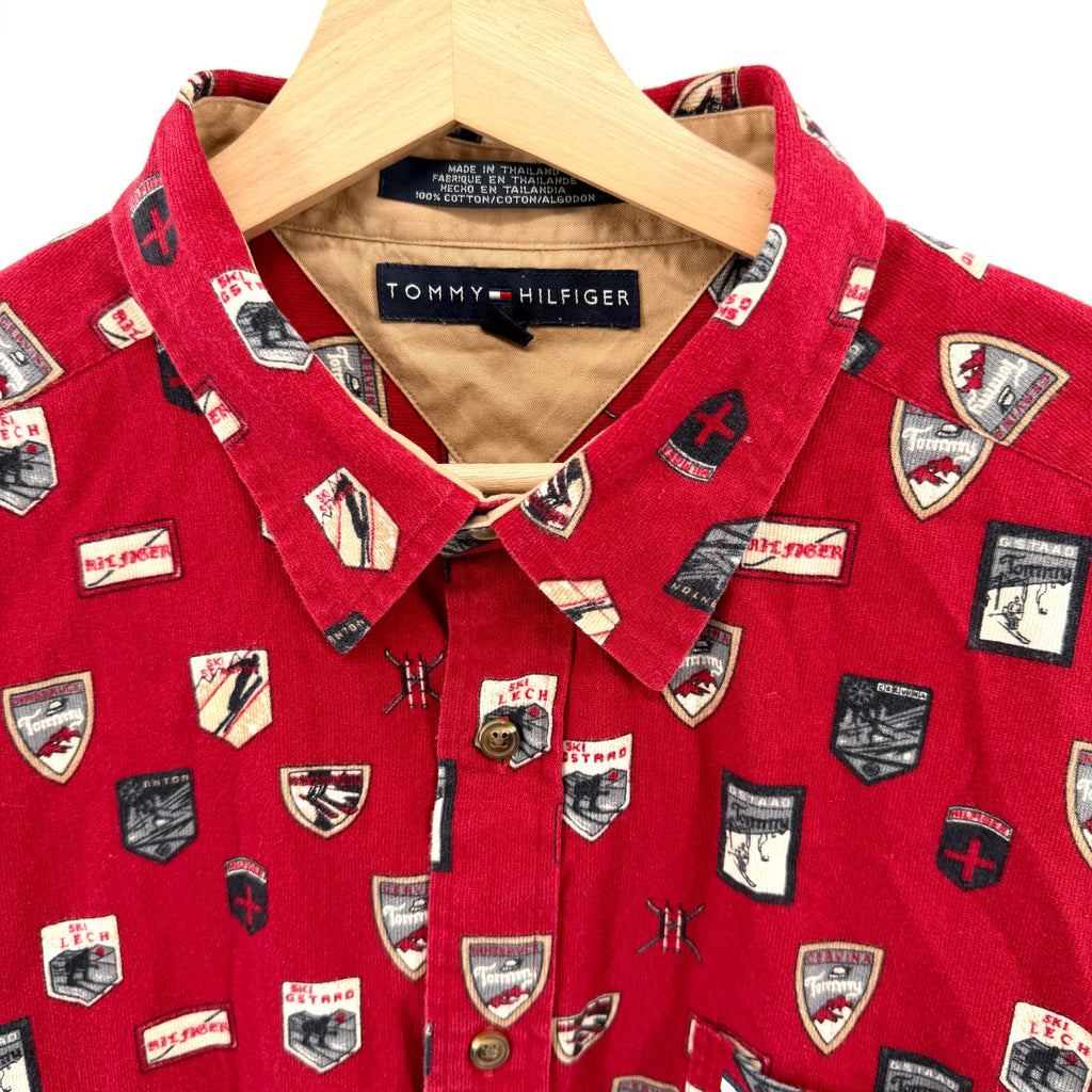 Vintage 90s Tommy Hilfiger Red 100% Cotton AOP Ski Icons Button Down Shirt