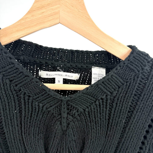 Ballinger Gold Black 100% Cotton Chunky Cable Knit Cropped V-Neck Sweater