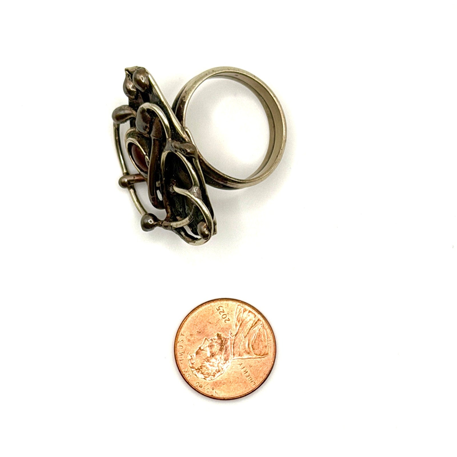 Vintage 90s Handcrafted Carnelian Sterling Silver Brutalist Abstract Ring