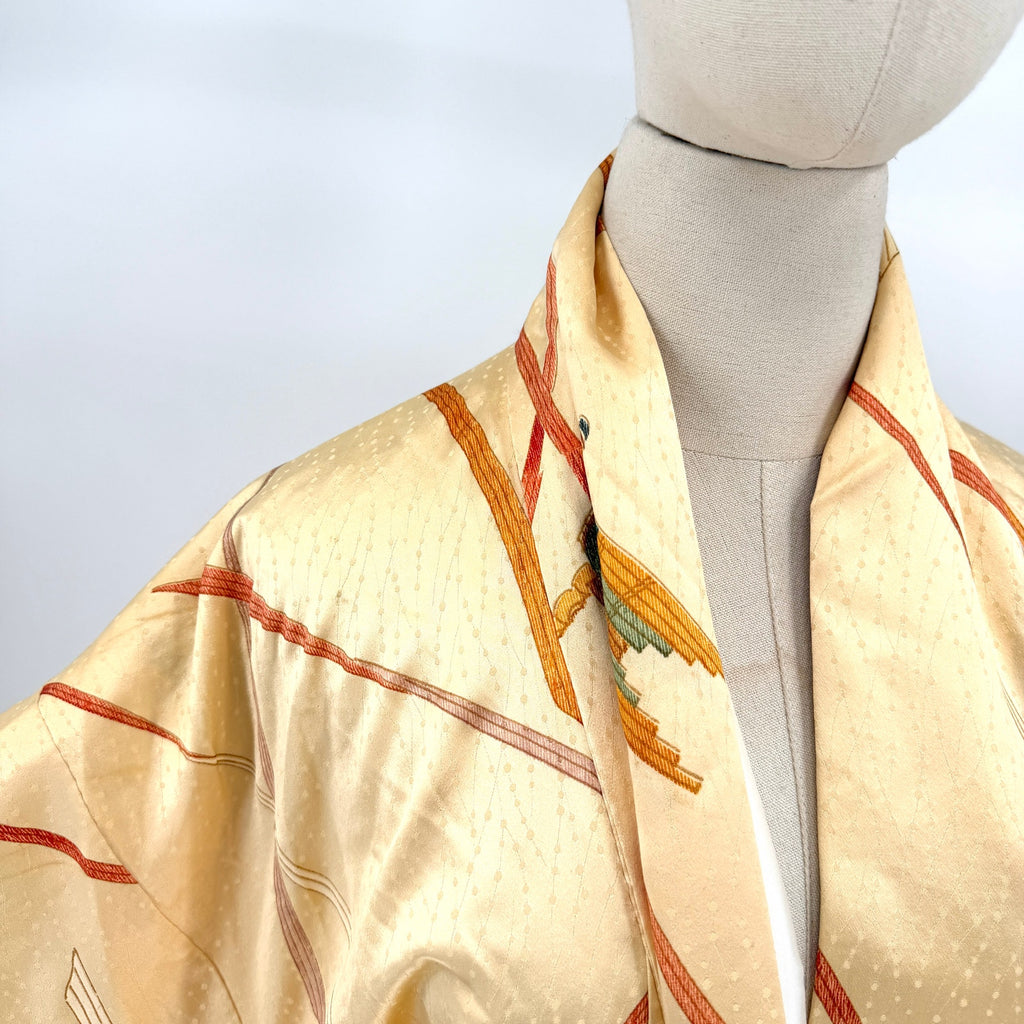 Vintage 80s Yellow Gold 100% Silk Satin Abstract Haori Kimono
