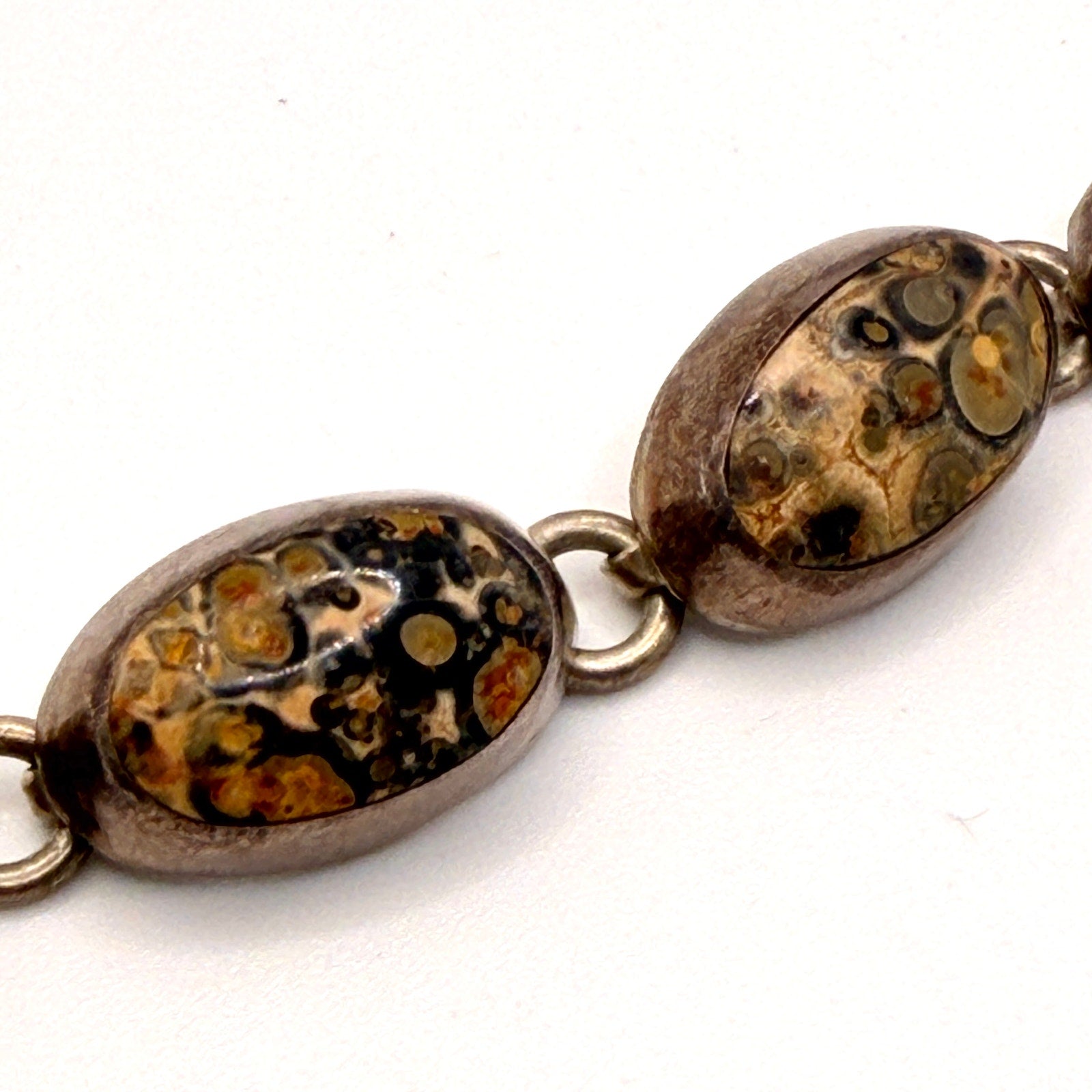 Vintage 90s Mexico Tan Sterling Silver Southwest Stamped Jasper Link Bracelet