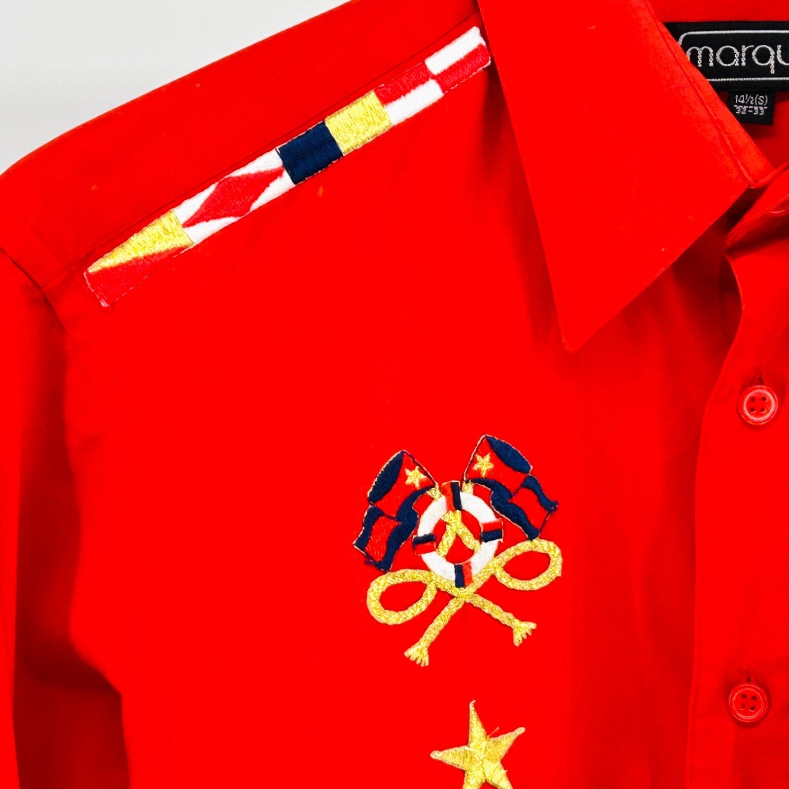 80s Marquis Red Nautical Long Sleeve Button Down Gold Sailing Patch Size S