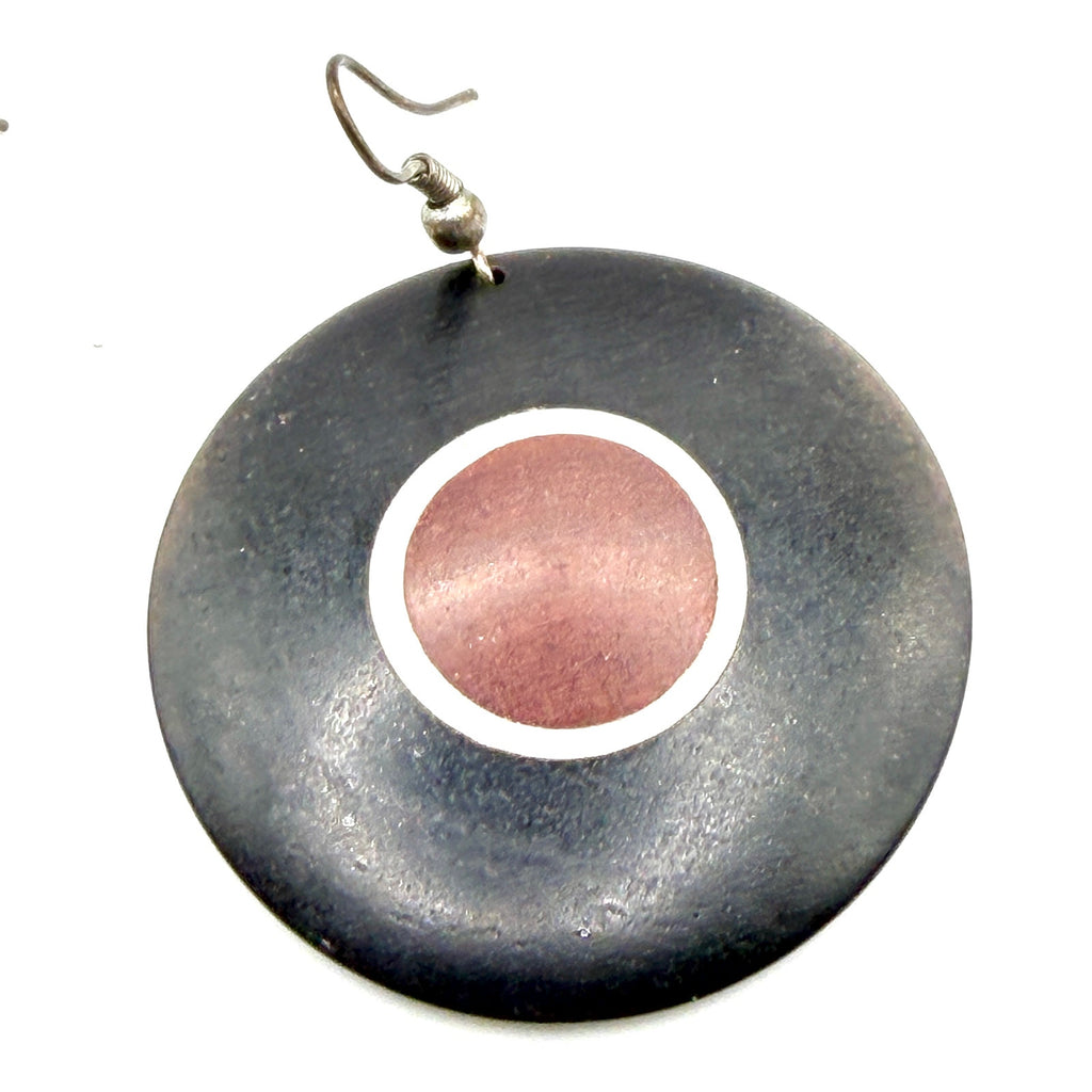 Vintage 80s Afrocentric Tribal Black Brown Wood Disc Drop Hook Earrings