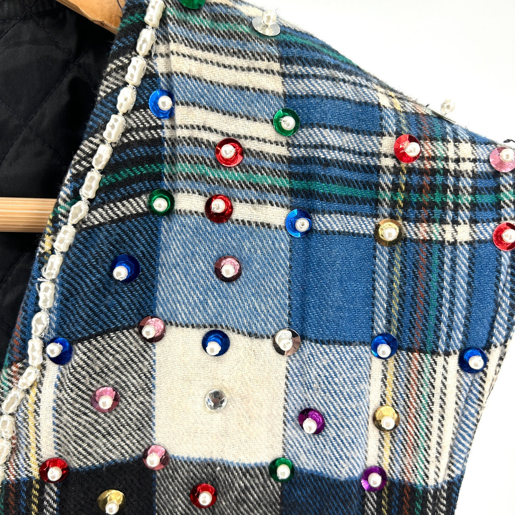 Vintage 90s South Central Blue Plaid Jeweled Pearl Embellished Flannel Vest