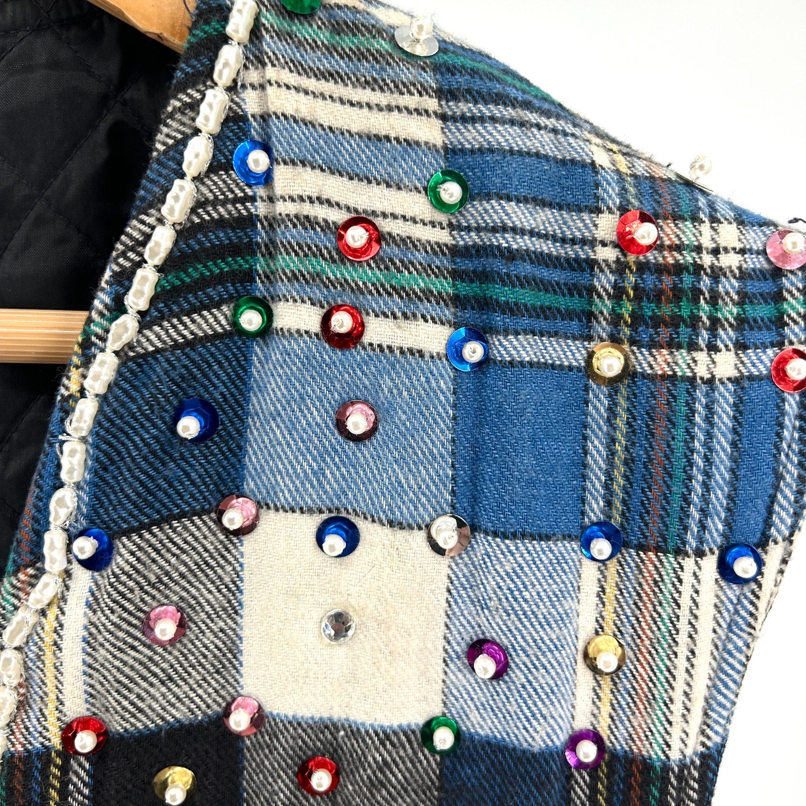 Vintage 90s South Central Blue Plaid Jeweled Pearl Embellished Flannel Vest