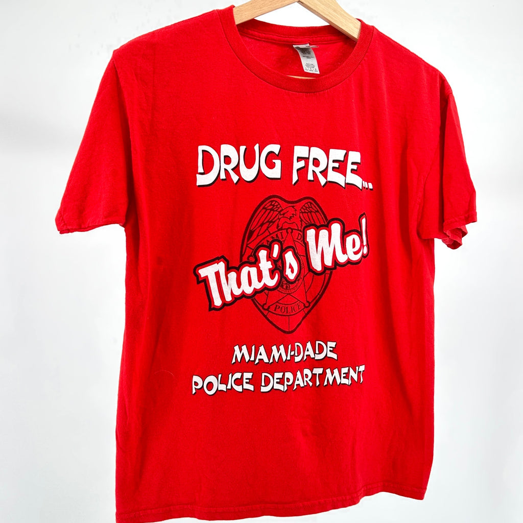Y2K Miami Dade Police Red Drug Free Graphic 100% Cotton T-Shirt