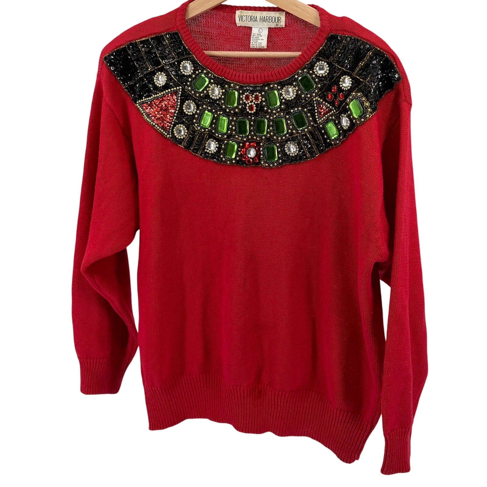 Vintage 90s Victoria Harbor Red Maximalist Jeweled Beaded Collar Sweater