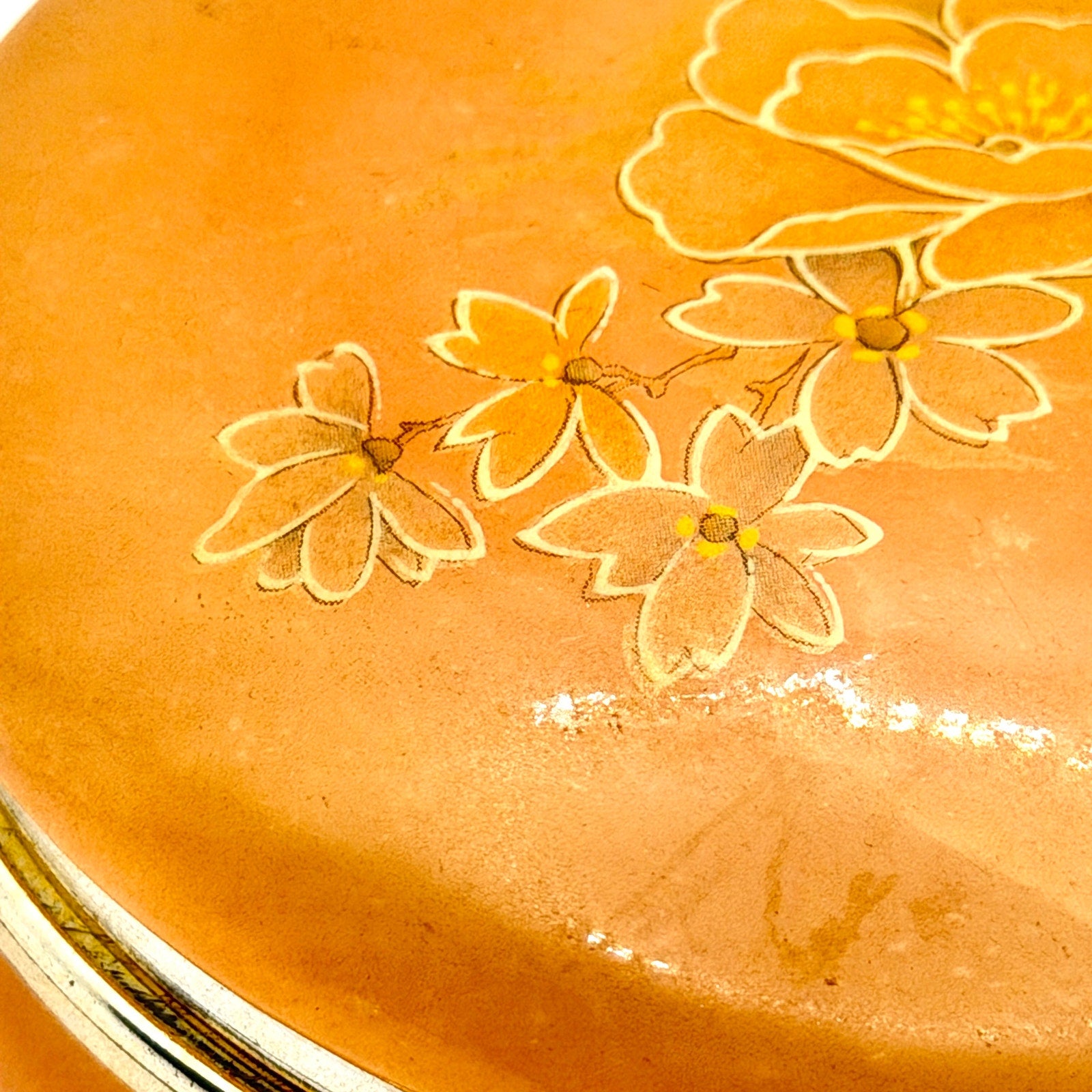 Vintage 70s Italian Hand Carved Peach Alabaster Hand Painted Round Trinket Box