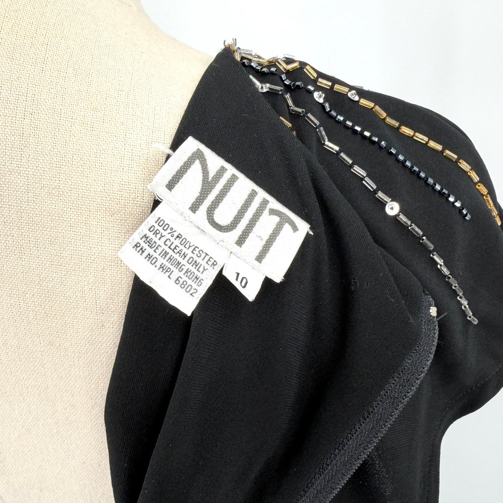 Vintage 80s Nuit Black Drop Waist Beaded Sunburst Flounce Glam Evening Dress