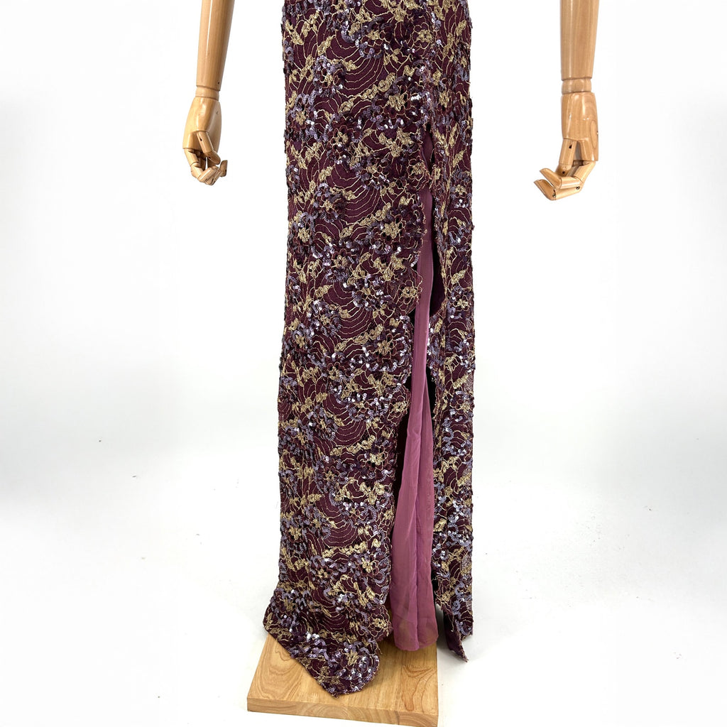 Vintage 90s Tosca New York Purple Gold Lace Silk Sequin Gown